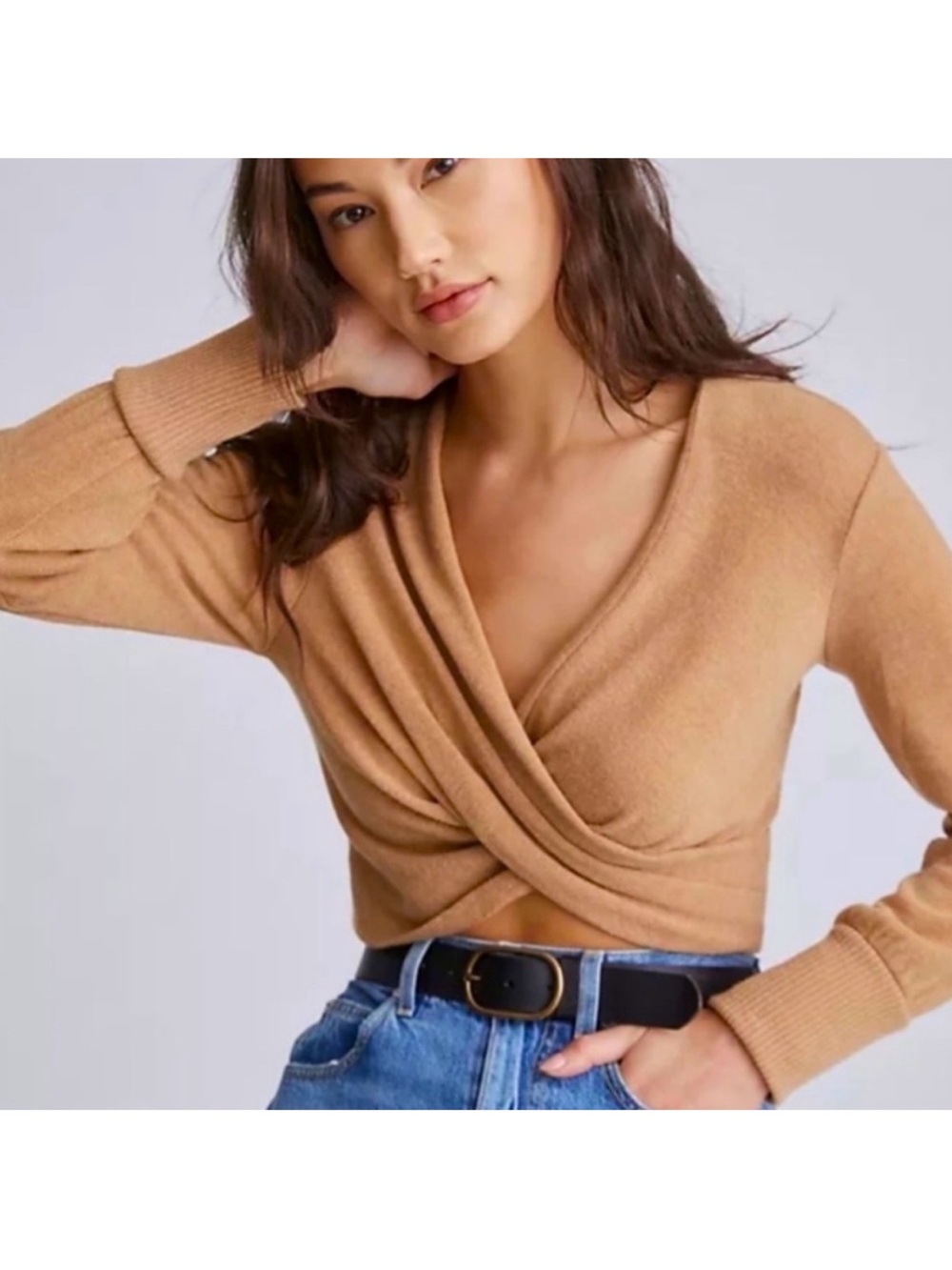 Anthropologie Cropped Cris Cross Front V-neck Sweater Long Sleeve Medium